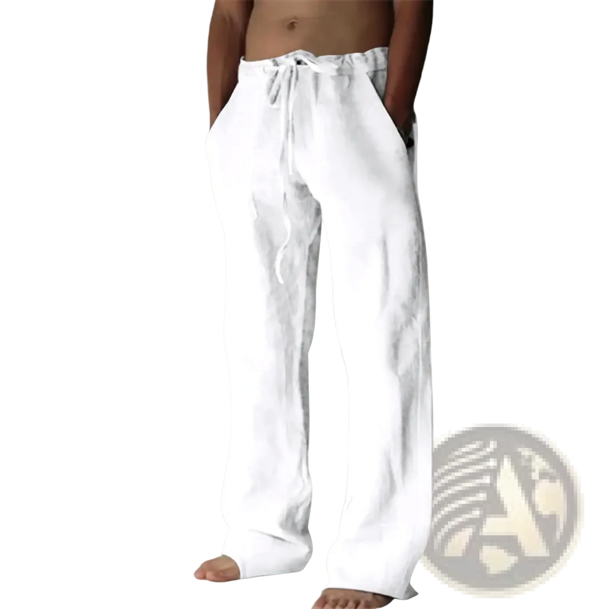 Men’s loose-fitting white linen casual pants with a drawstring waistband for comfortable wear
