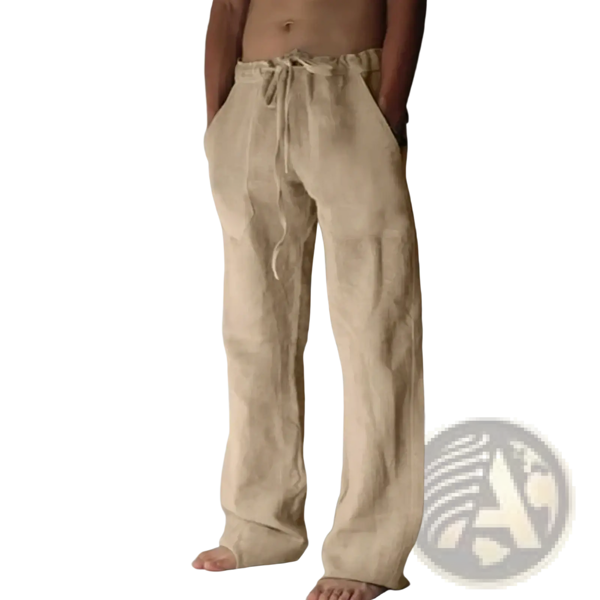 Beige linen men’s linen casual pants with drawstring waist and relaxed straight-leg cut for comfortable wear