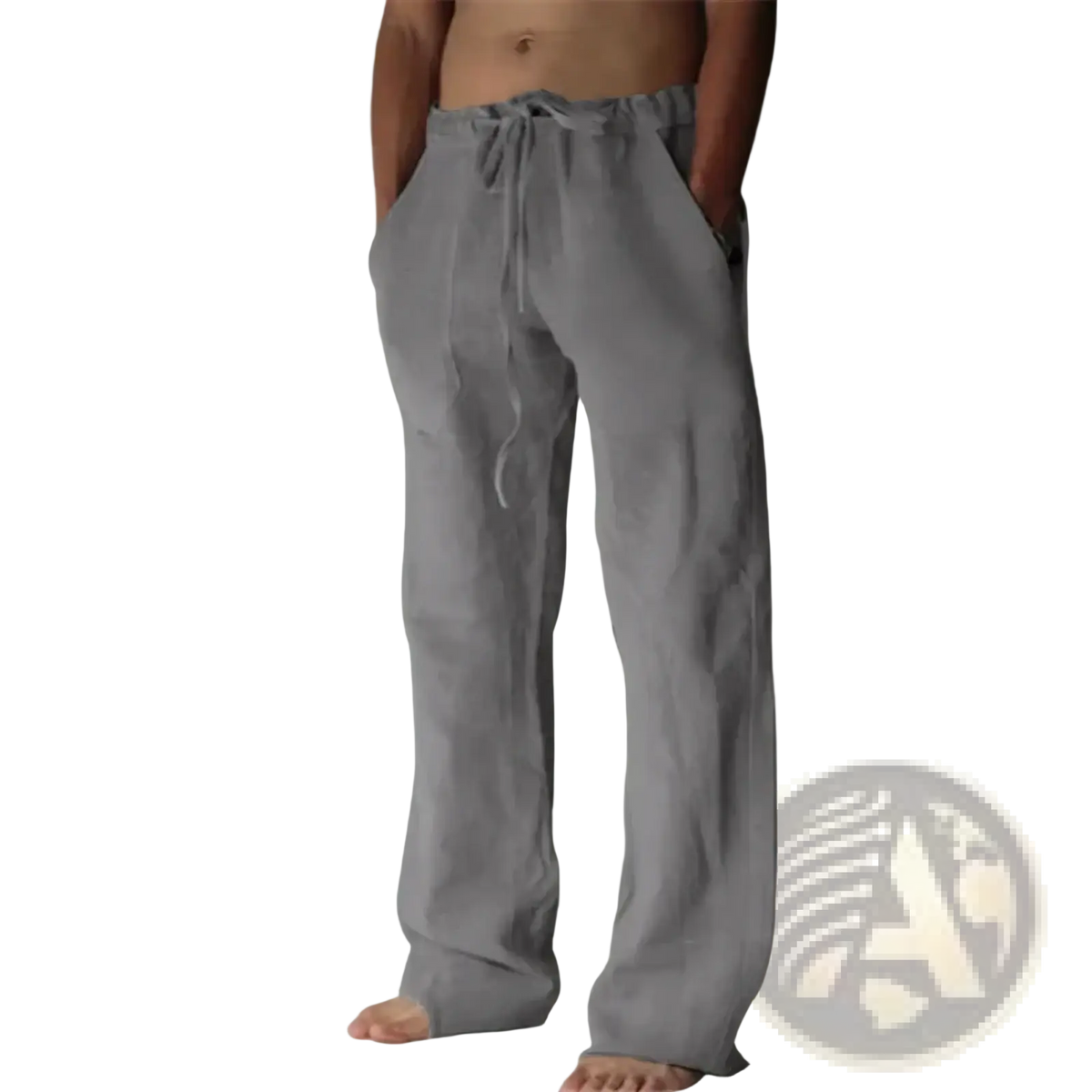 Men’s linen casual pants in gray with a drawstring waist and relaxed straight-leg cut