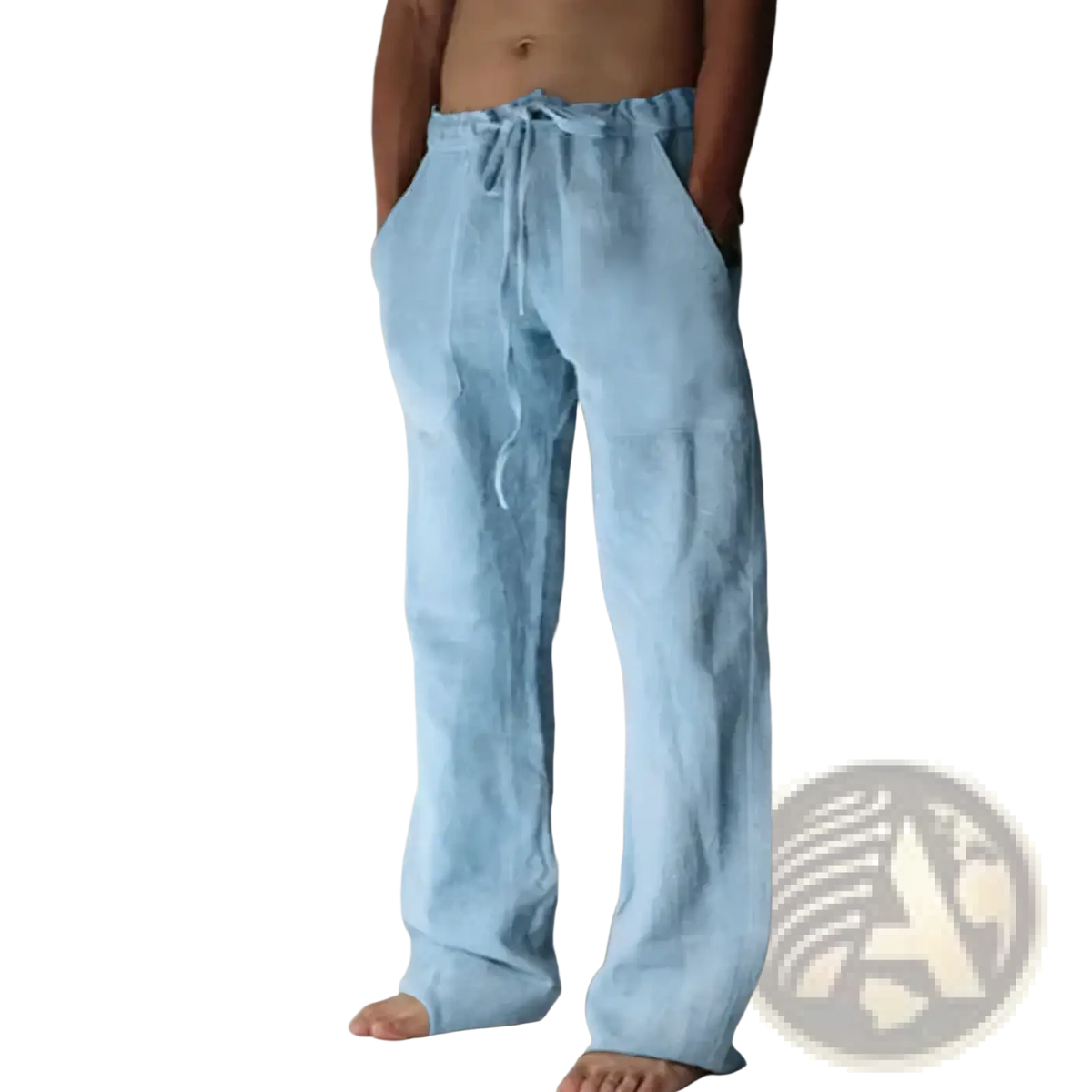 Men’s light blue loose-fitting linen casual pants with a drawstring waist for relaxed everyday wear