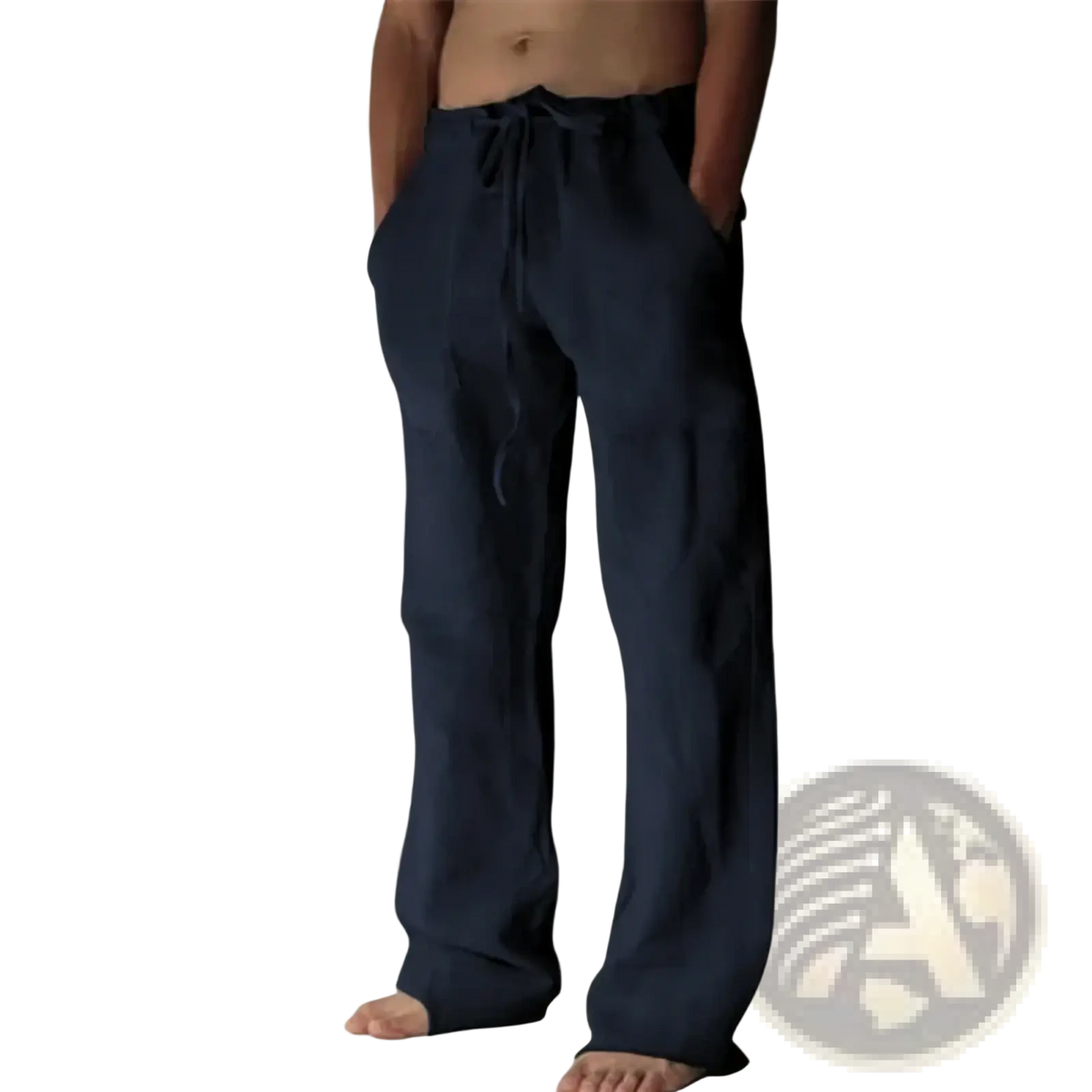 Men’s linen casual pants in dark blue with loose fit and lightweight drawstring design for comfortable wear