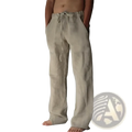 Beige men’s linen casual pants with a drawstring waist and relaxed straight-leg cut for comfortable wear