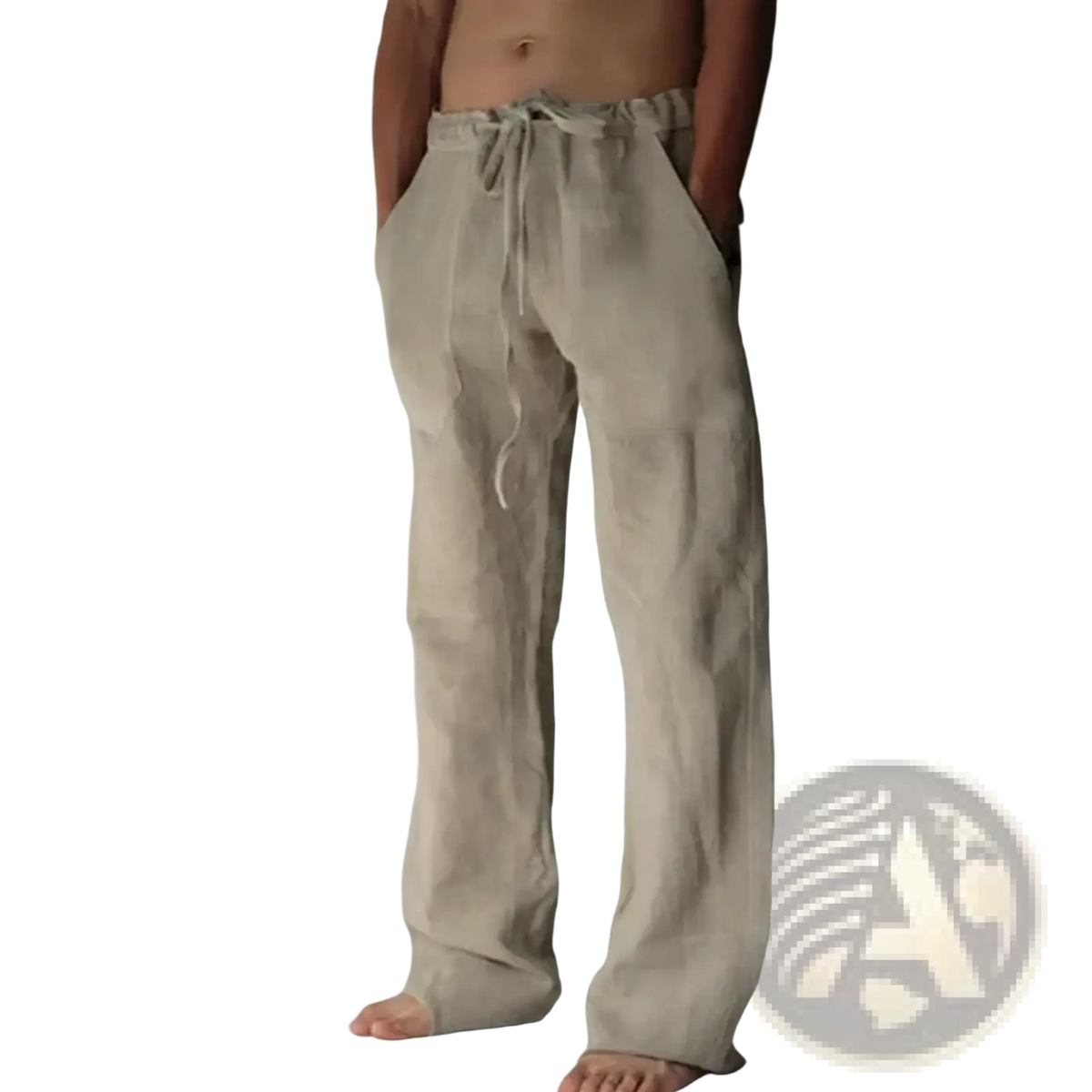 Beige men’s linen casual pants with a drawstring waist and relaxed straight-leg cut for comfortable wear