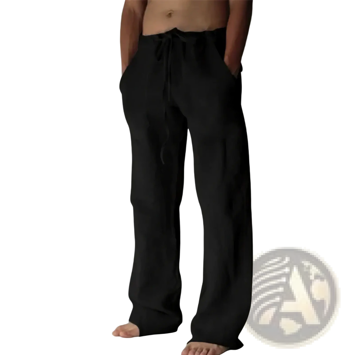 Men’s black linen casual pants with a relaxed fit and wide-leg cut featuring a drawstring waist