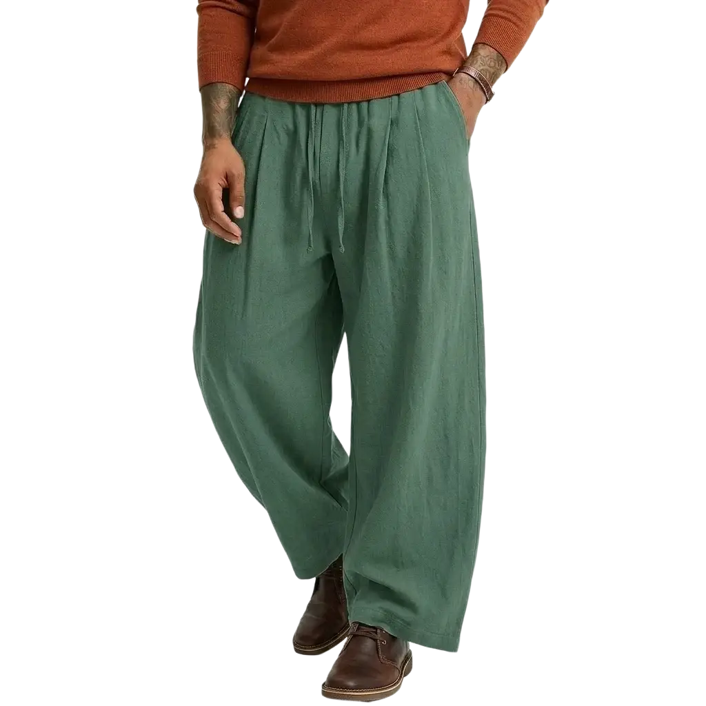 Mens linen casual pants in olive green with a loose fit and drawstring waist made from breathable cotton and linen