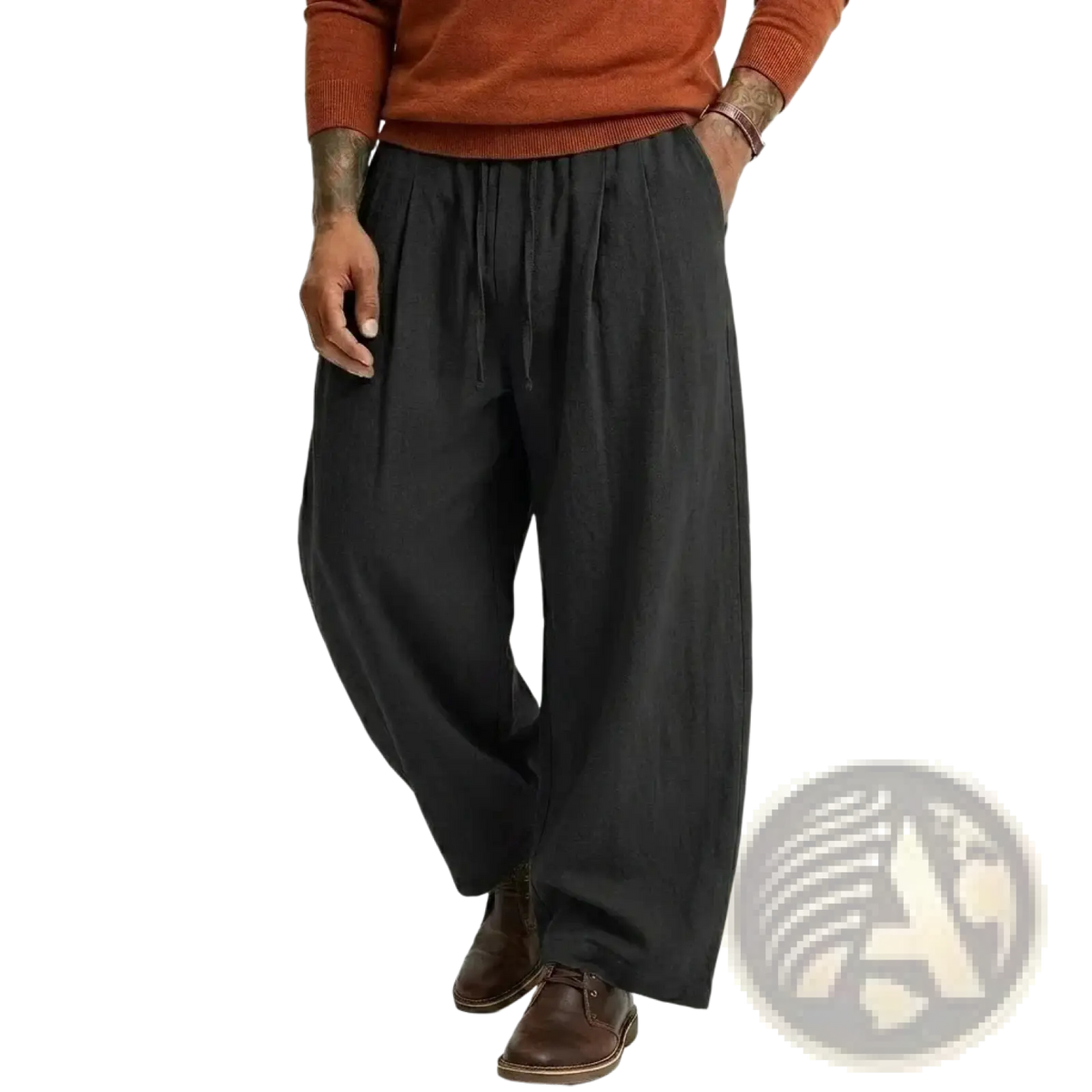 Mens linen casual pants black loose-fitting cotton trousers with drawstring waist and relaxed flowing silhouette