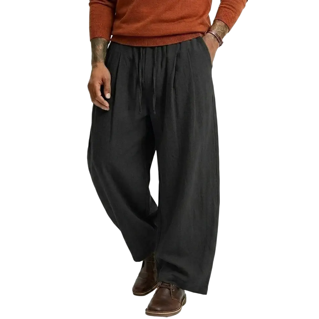 Black mens linen casual pants with drawstring waist pleats straight leg cotton trousers front view