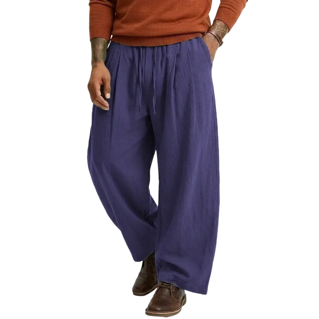 Deep purple loose-fitting mens linen casual pants with a drawstring waist and straight leg cotton trousers