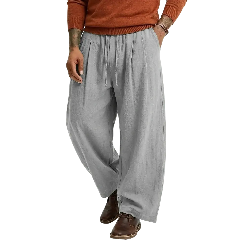 Gray loose-fitting mens linen casual pants with a drawstring waist and straight leg cotton trousers