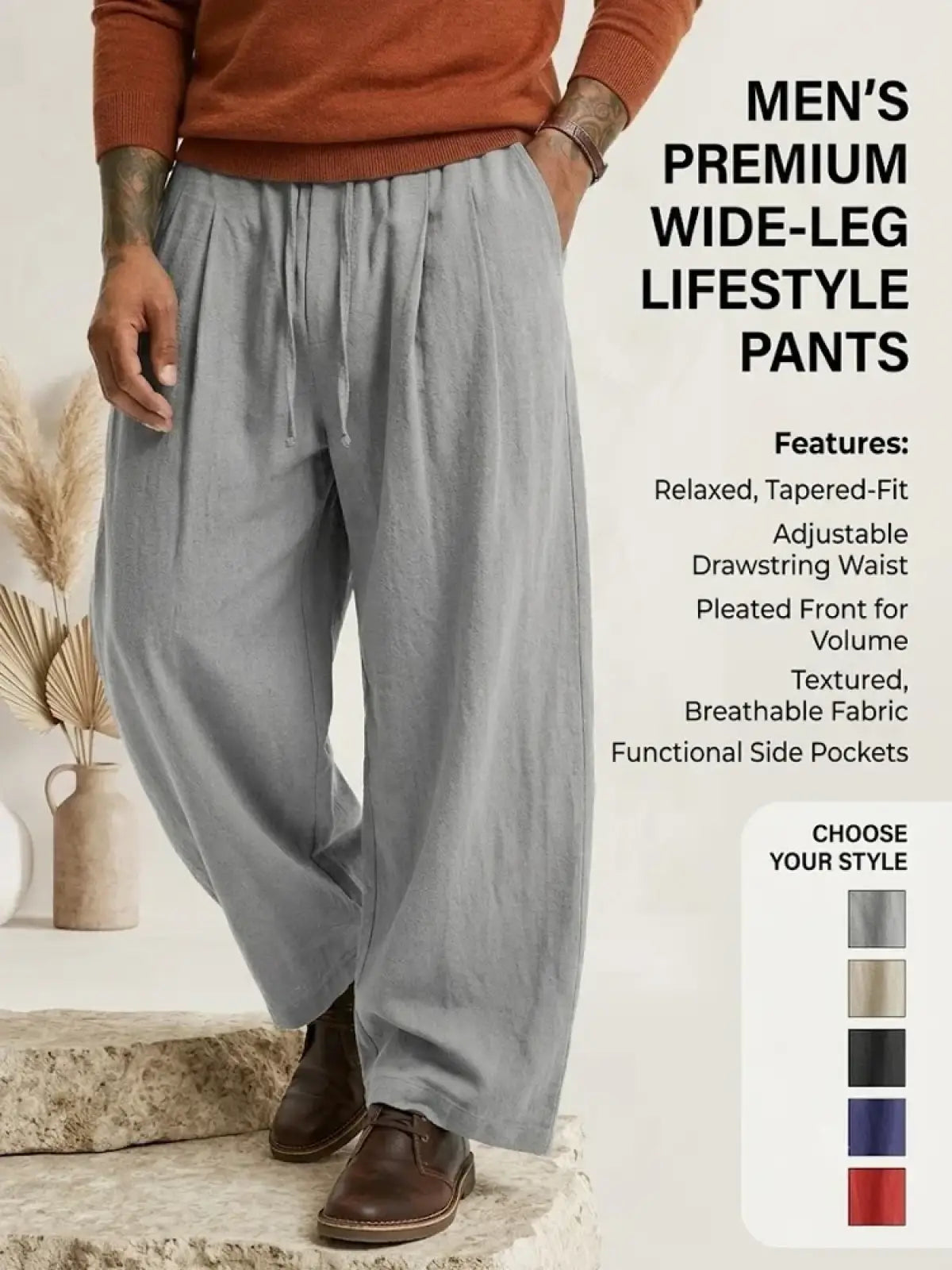 Gray mens linen casual wide-leg pants with adjustable drawstring waist and pleated front for volume in cotton blend