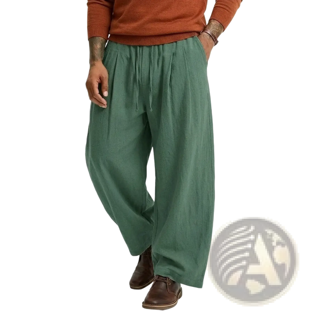 Mens linen casual pants in olive green with a loose fit and drawstring waist made from breathable cotton and linen