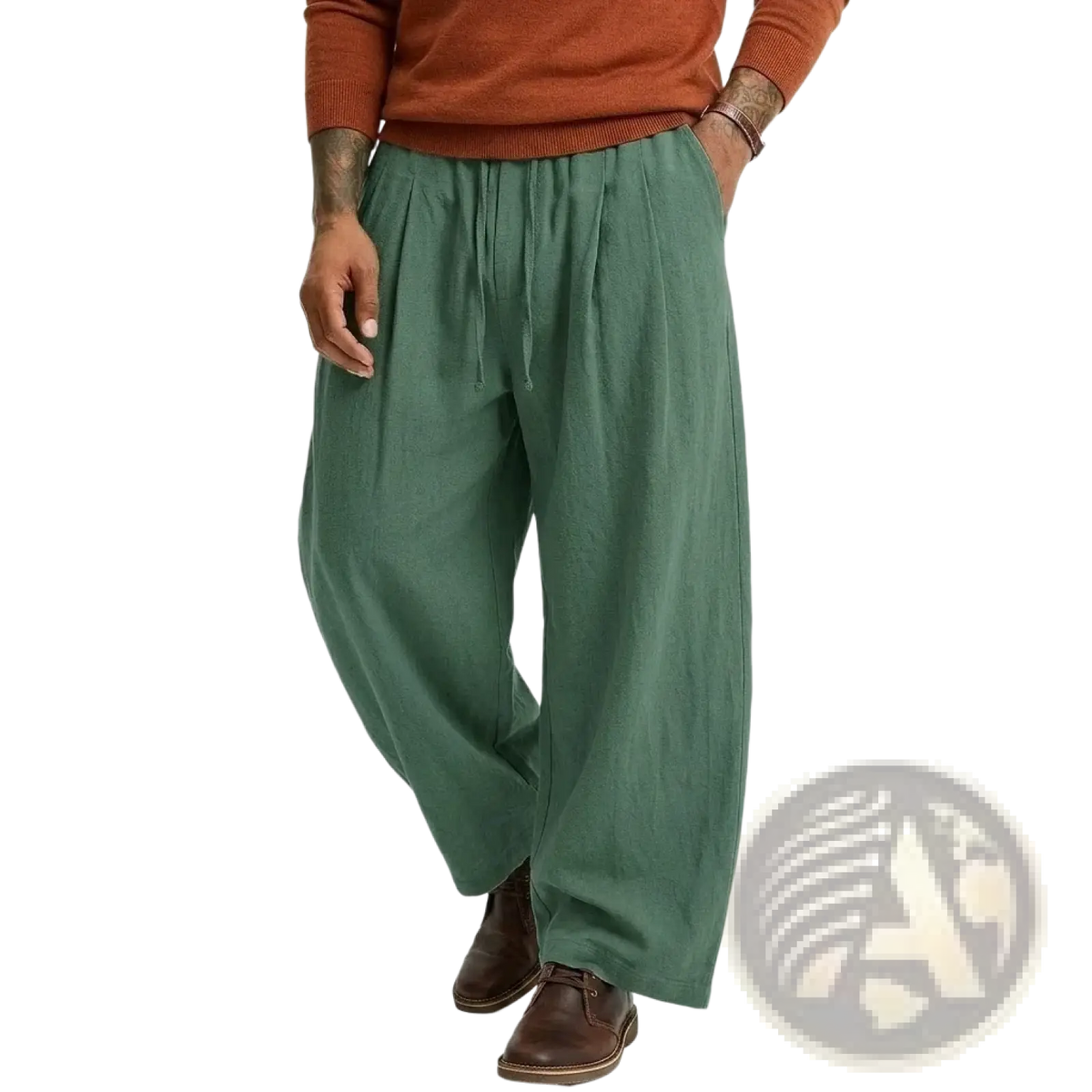 Mens linen casual pants in olive green with a loose fit and drawstring waist made from breathable cotton and linen