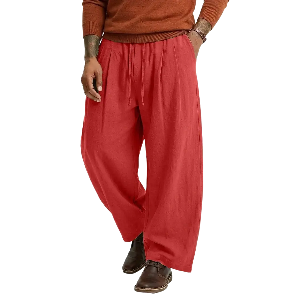 Red loose-fitting linen trousers with a drawstring waist from mens linen casual pants straight leg cotton trousers collection