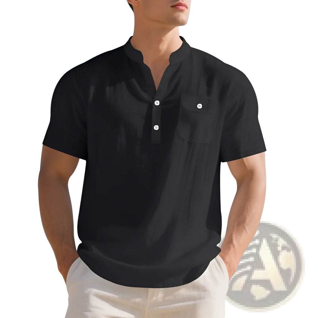 Men’s black linen casual short sleeve henley shirt with white buttons and chest pocket