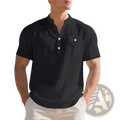 Men’s black linen casual short sleeve henley shirt with white buttons and chest pocket
