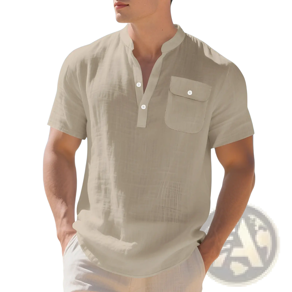 Men’s beige linen casual short sleeve shirt with button-down front and chest pocket perfect for summer wear