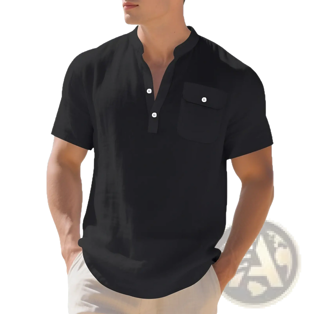 Men’s black linen casual short sleeve button-up shirt with white buttons and chest pocket