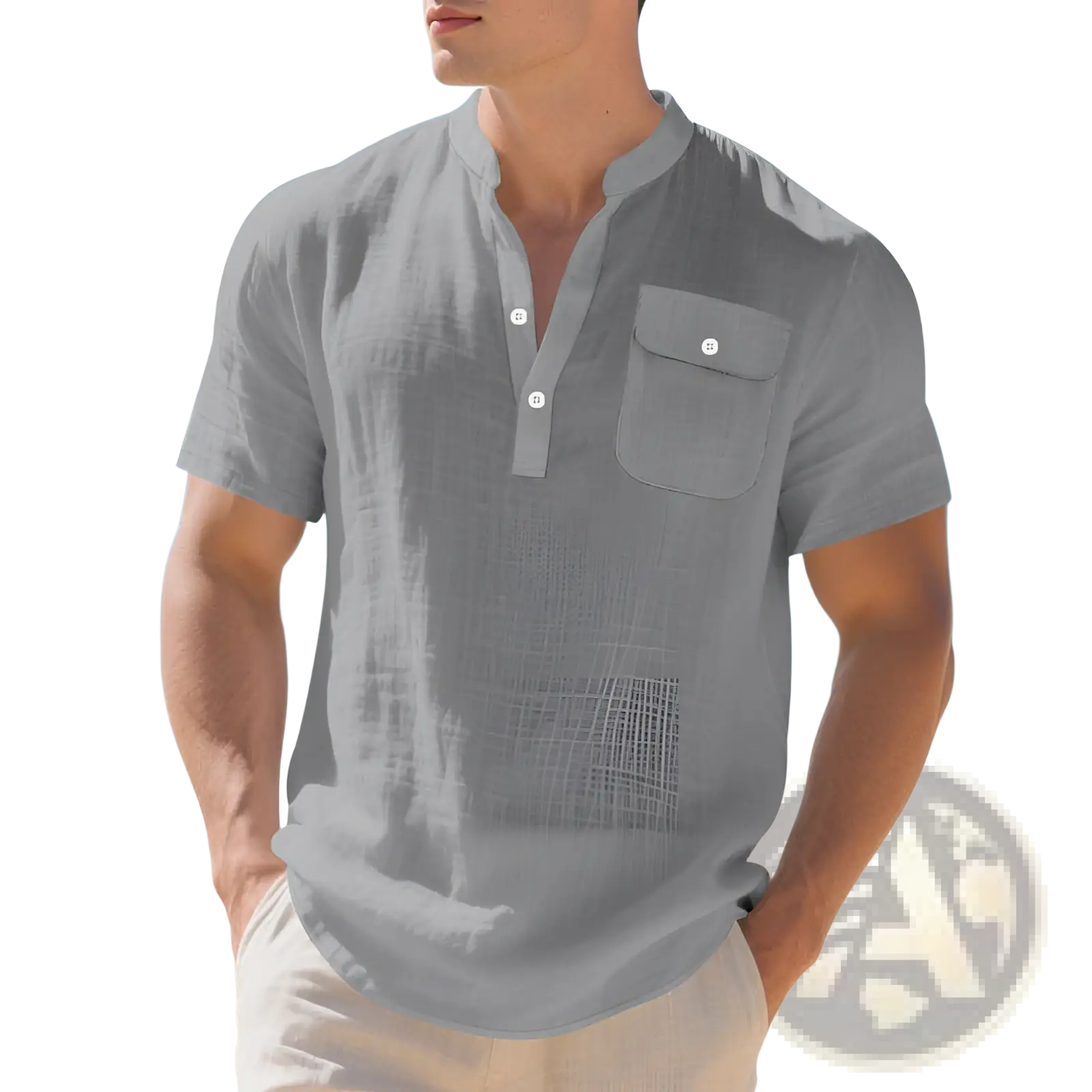 Men’s gray linen casual short sleeve shirt with button-down front and chest pocket for a breathable summer look