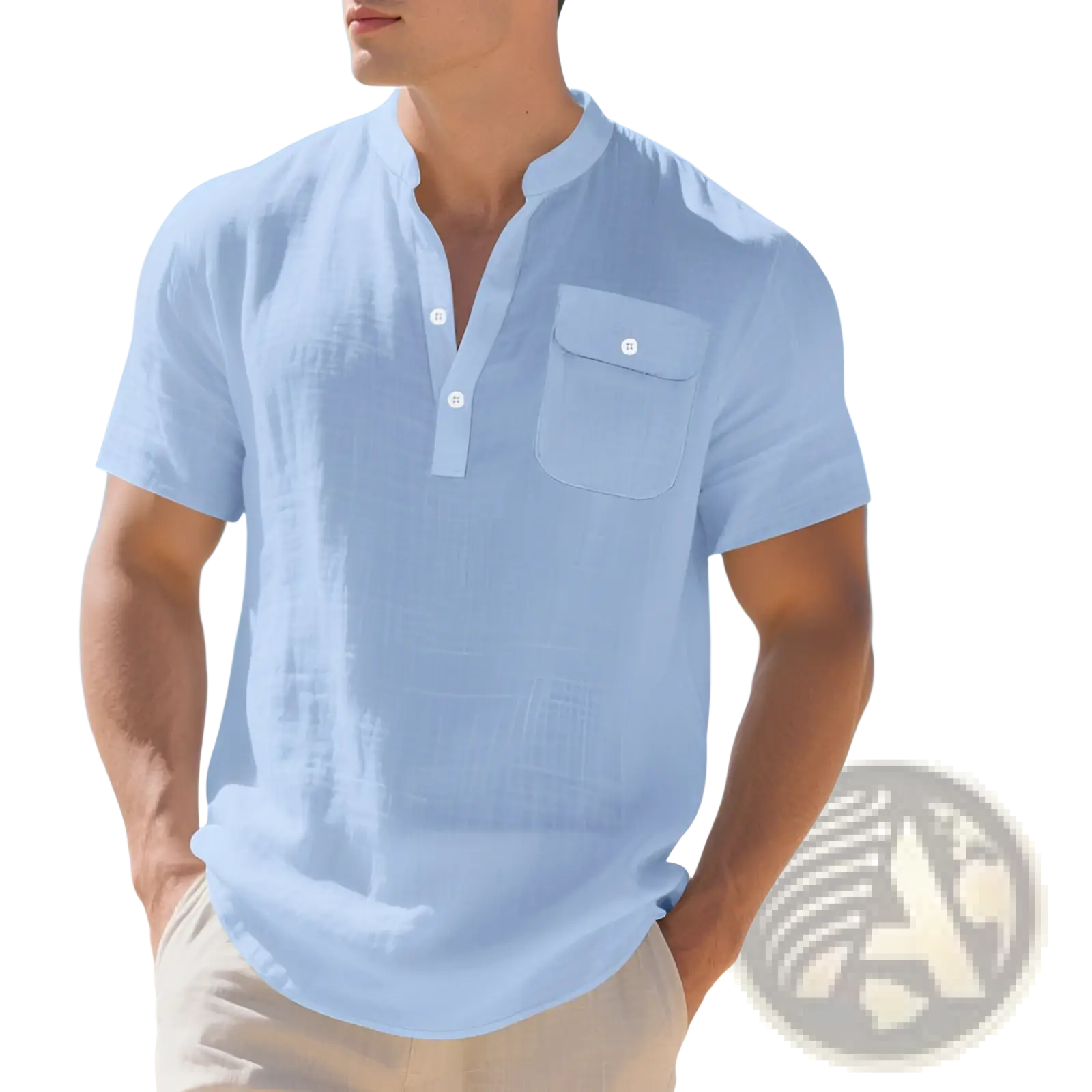 Men’s light blue linen casual short sleeve shirt with button-down front and chest pocket