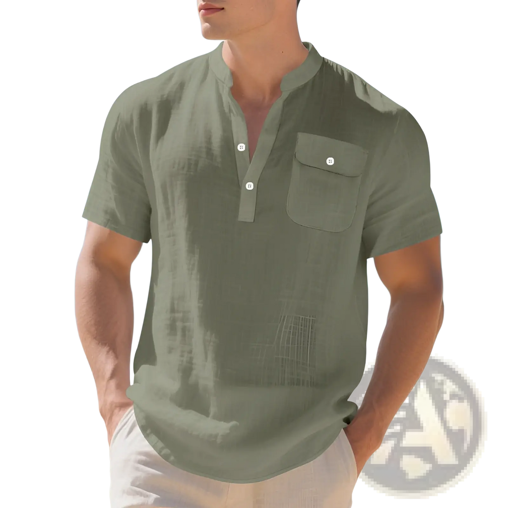 Men’s linen casual short sleeve shirt in olive green with button-down collar and chest pocket for a stylish look