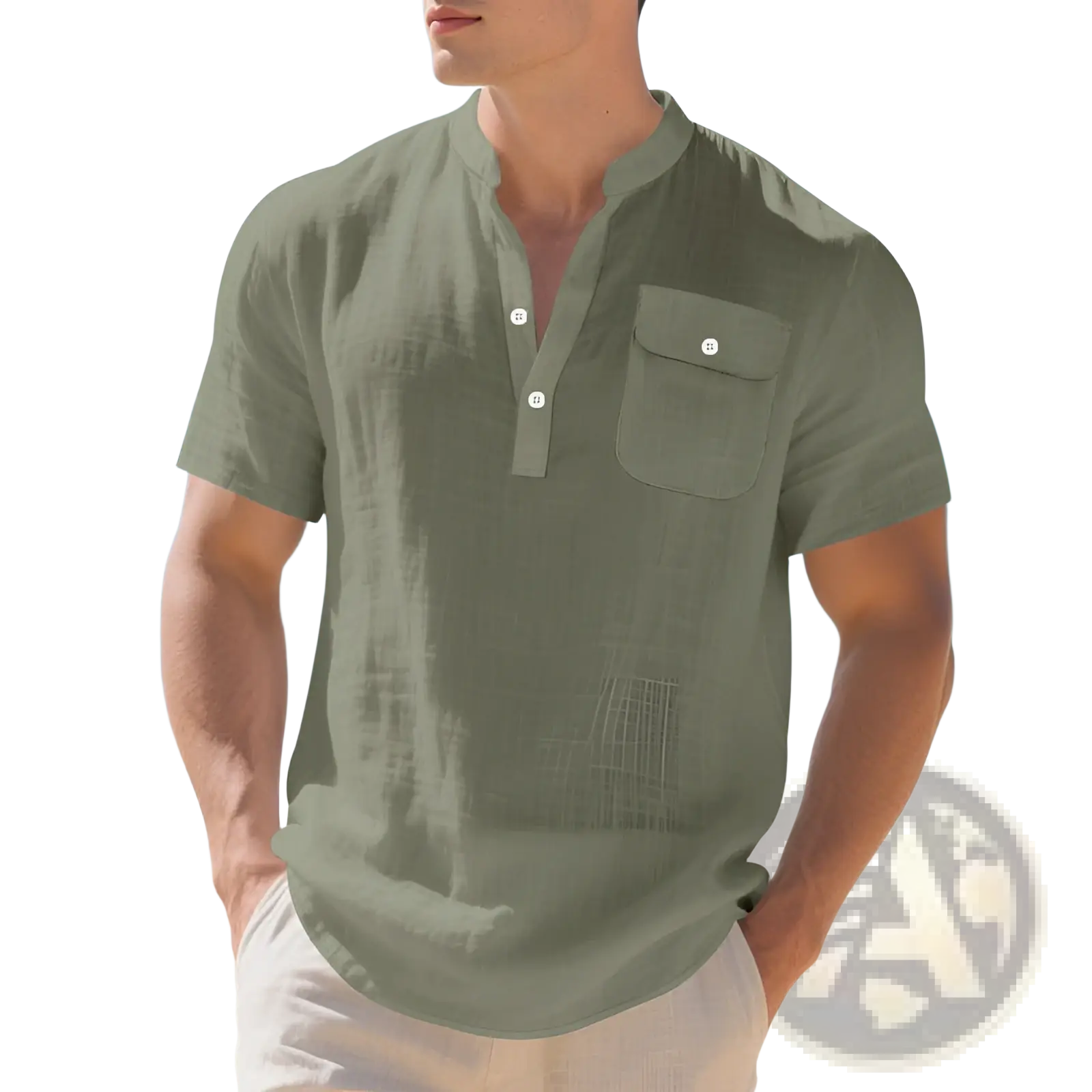Men’s linen casual short sleeve shirt in olive green with button-down collar and chest pocket for a stylish look