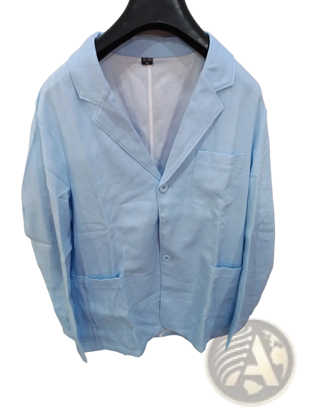 Men’s light blue cotton lab coat with collar front button closure and two patch pockets for casual wear