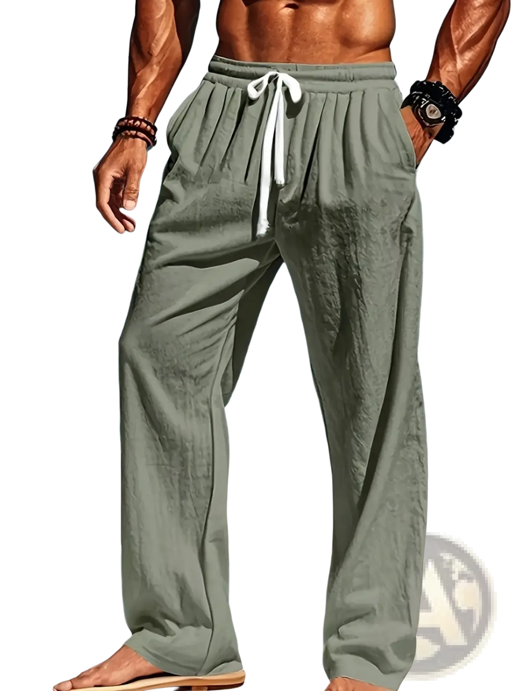 Men’s olive green linen casual trousers featuring a white drawstring waistband and loose fit design