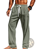 Men’s olive green linen casual trousers featuring a white drawstring waistband and loose fit design
