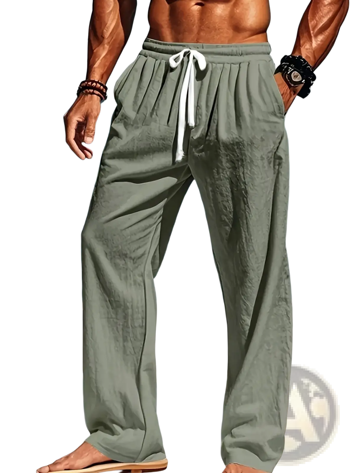 Men’s olive green linen casual trousers featuring a white drawstring waistband and loose fit design
