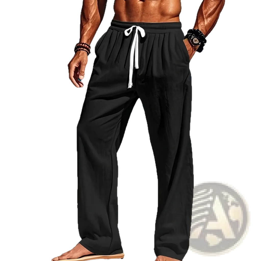 Men’s black linen casual trousers with a relaxed fit and white drawstring waist for comfortable wear