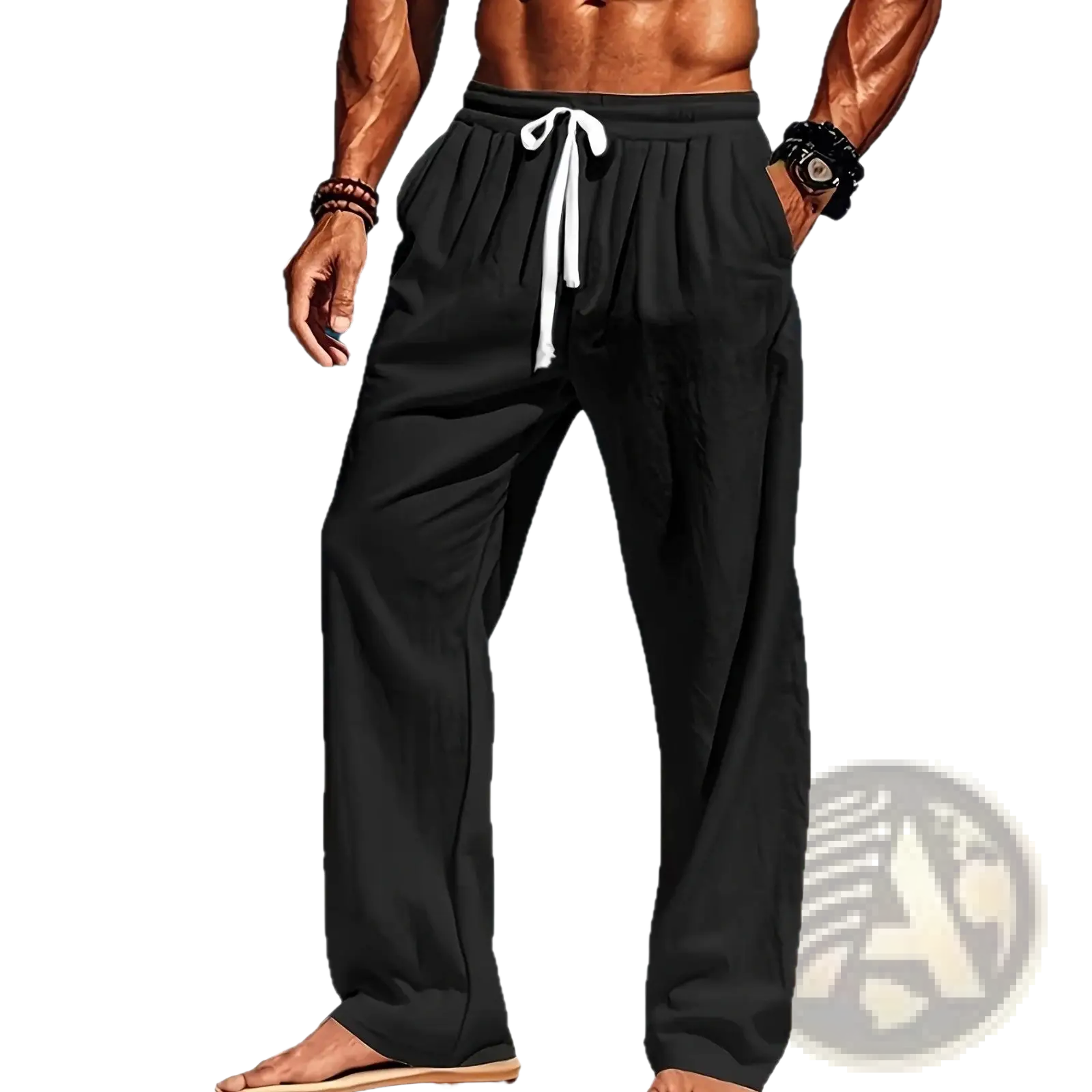 Men’s black linen casual trousers with a relaxed fit and white drawstring waist for comfortable wear