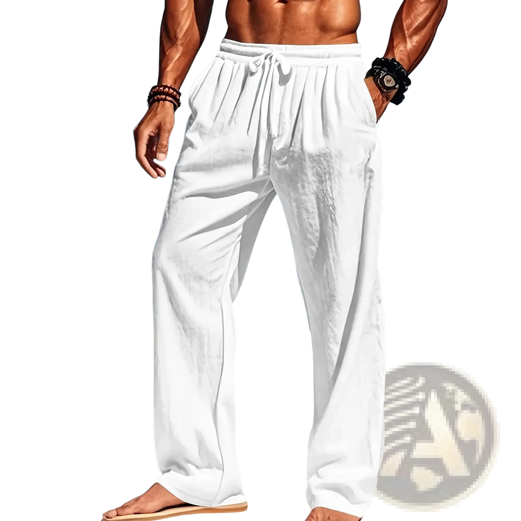 Men’s white linen casual trousers with a drawstring waist loose fit and side pockets for comfort and style