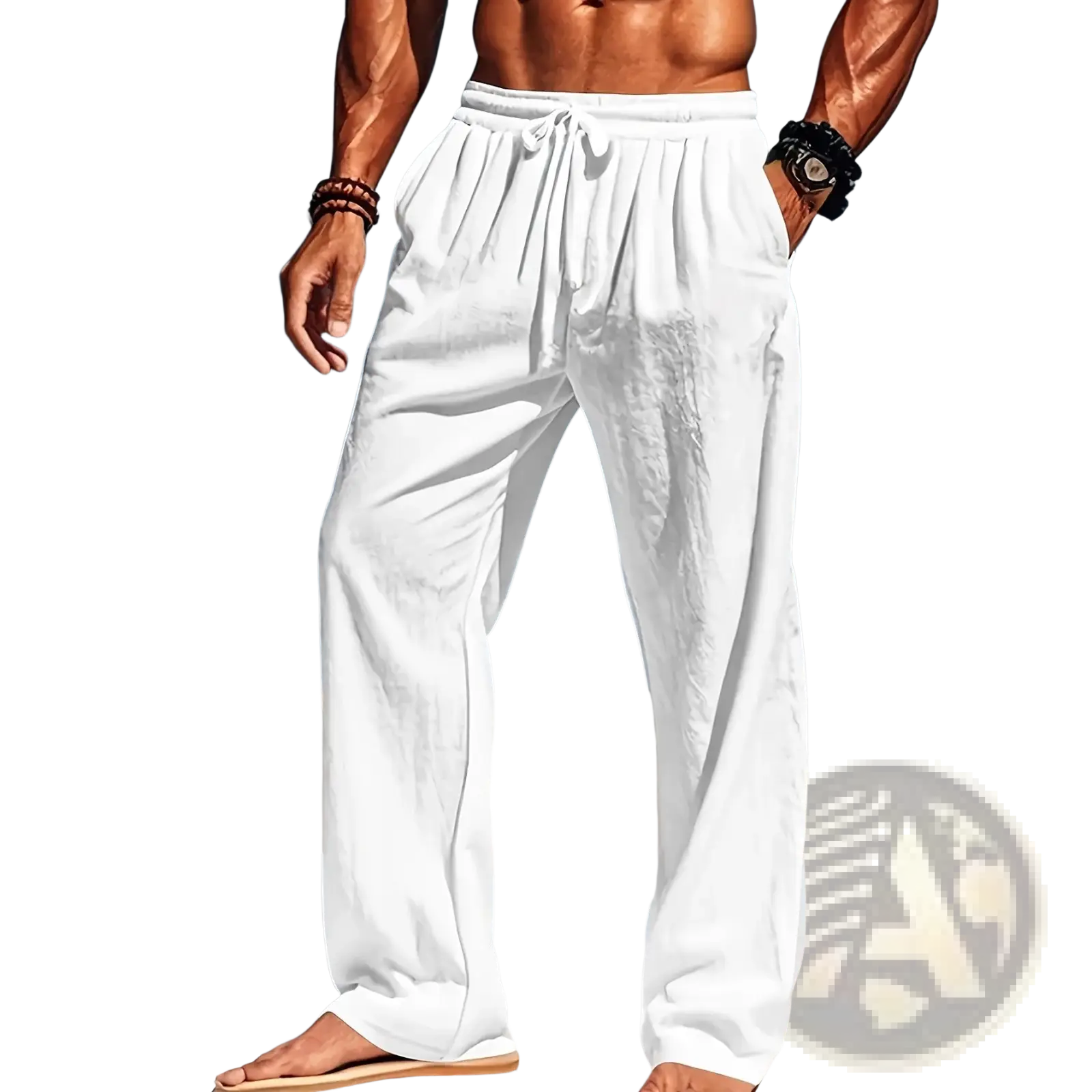 Men’s white linen casual trousers with a drawstring waist loose fit and side pockets for comfort and style