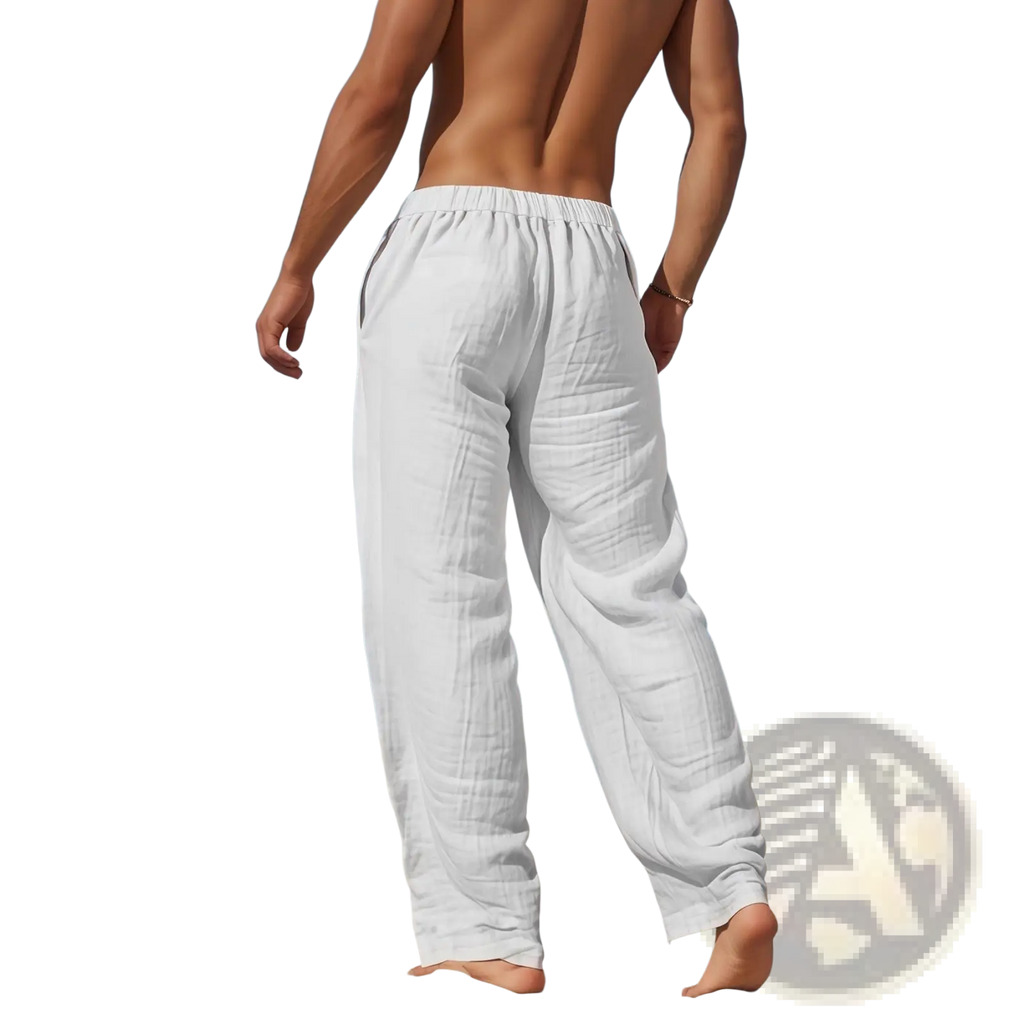White loose-fitting linen pants with elastic waistband from men’s linen casual trousers drawstring loose fit collection