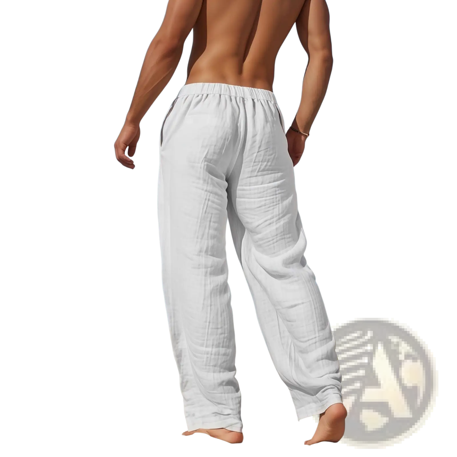 White loose-fitting linen pants with elastic waistband from men’s linen casual trousers drawstring loose fit collection