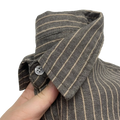 Men’s linen cotton striped casual shirt with a dark gray and beige pinstripe collar and silver four-hole button