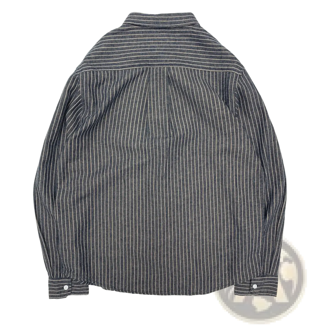 Men’s linen cotton striped casual shirt in dark gray with fine white vertical pinstripes and a classic collar