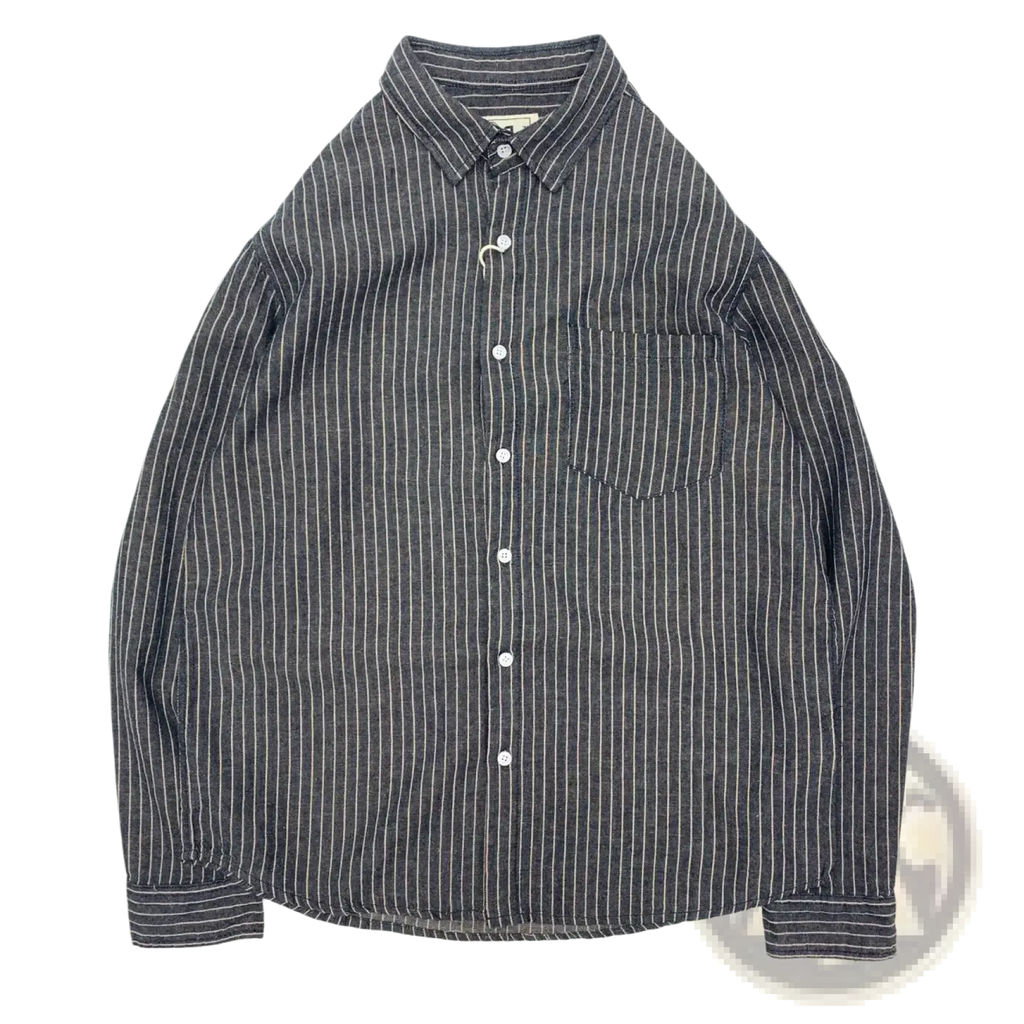 Men’s linen cotton striped casual shirt with dark gray and white vertical stripes, classic collar, and chest pocket