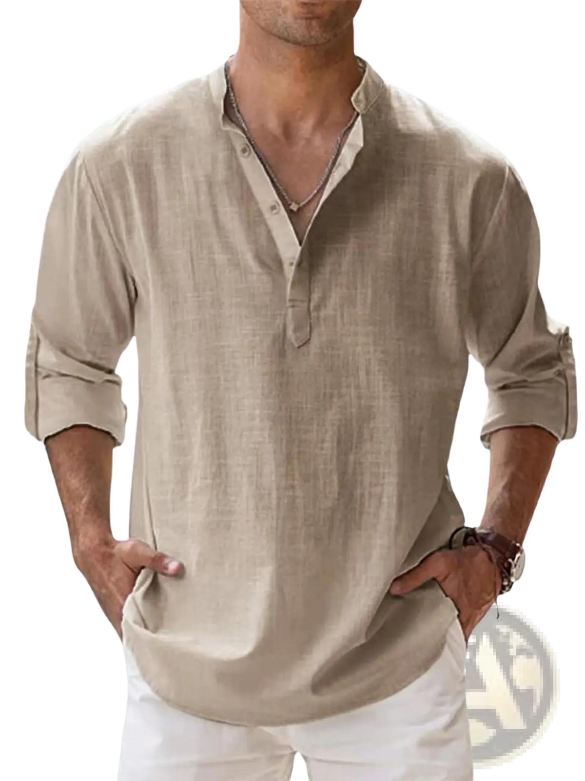Beige mens linen henley shirt with subtle textured weave and rolled long sleeves for casual wear