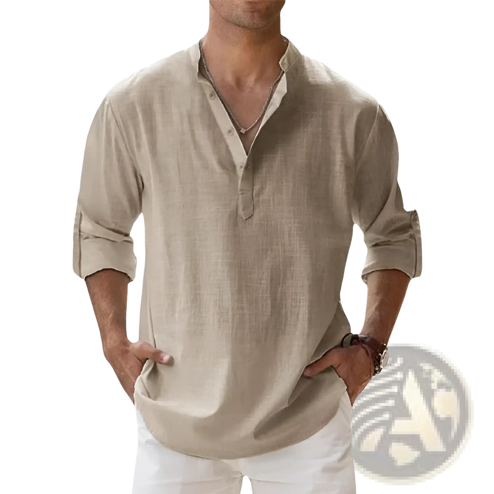 Beige linen mens henley shirt casual long sleeve with button-up front rolled sleeves and v-neck collar