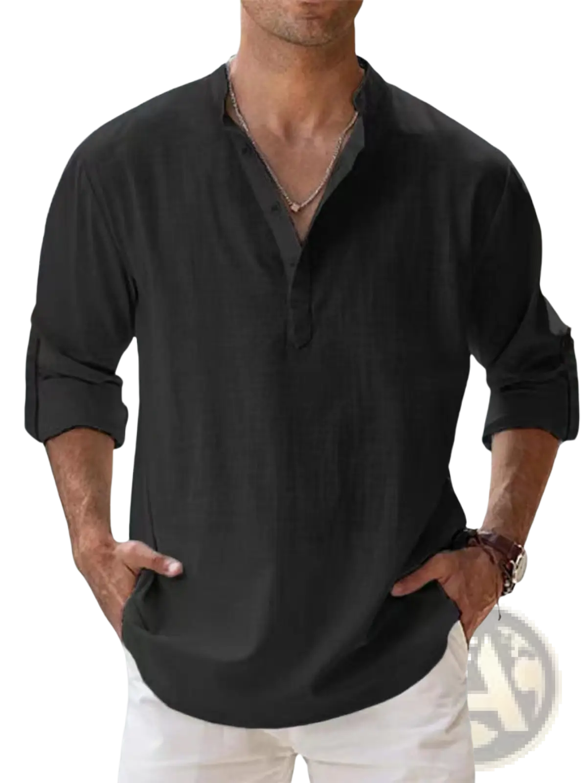 Chemise henley en lin noire pour homme, décontractée, à manches longues, avec poignets retroussés et une ligne de col en V discrète.