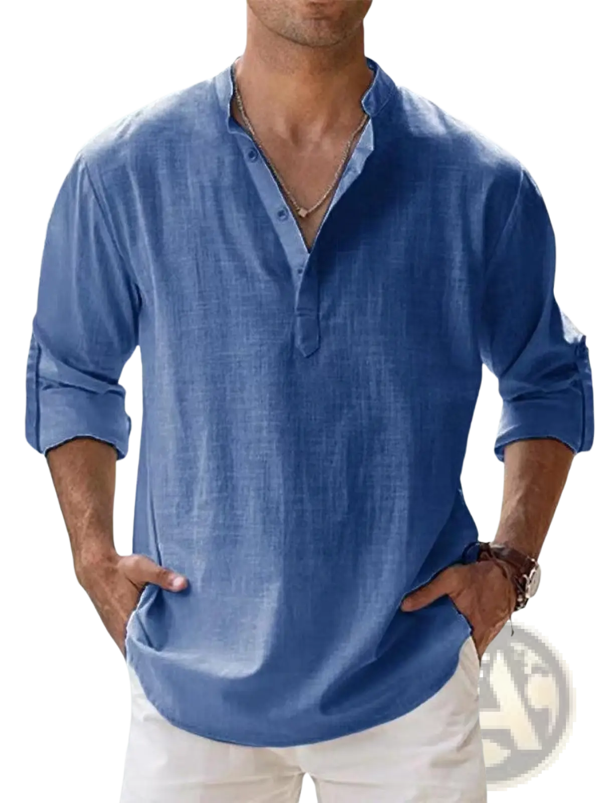 Mens blue linen henley shirt with v-neck collar and rolled sleeves casual long sleeve button-up design