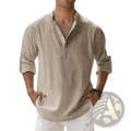 Beige linen mens henley shirt with button-up front v-neck collar and rolled long sleeves for casual wear