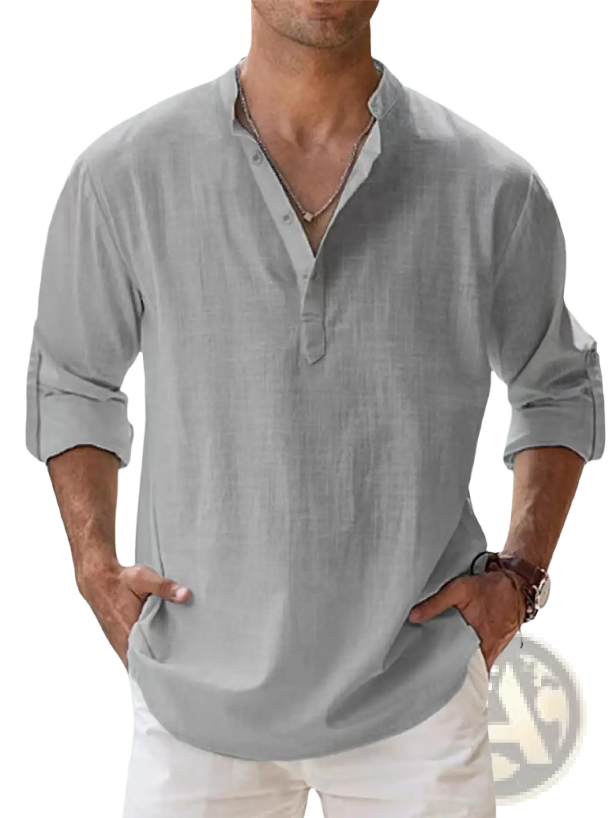 Chemise henley en lin pour homme, décontractée, à manches longues, en gris clair, avec patte boutonnée et poignets retroussés, réalisée en tissu de lin respirant.