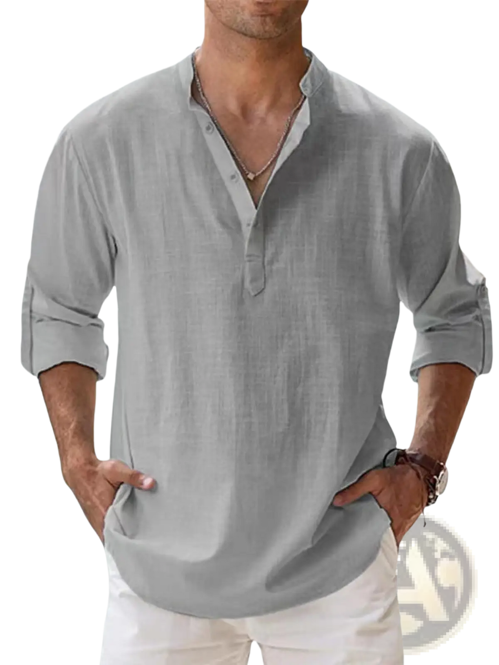 Light gray mens linen henley shirt with long sleeves buttoned placket and rolled cuffs for casual wear