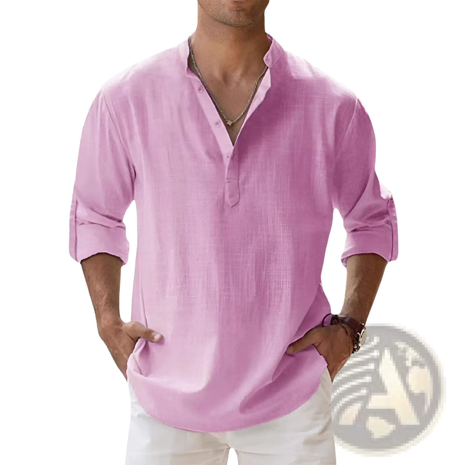 Chemise henley en lin rose tendre pour homme, à manches longues, coupe décontractée, avec poignets retroussés, pour un usage décontracté.