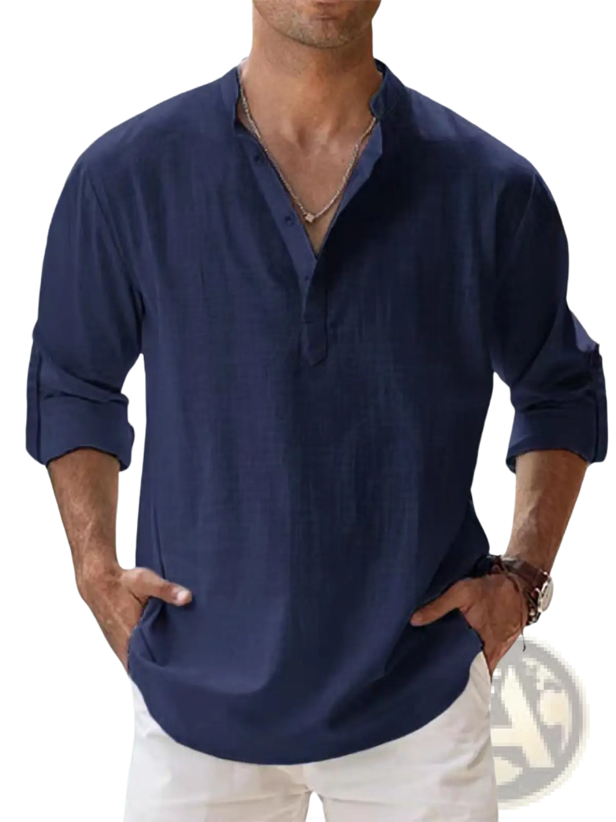 Chemise henley en lin pour homme, décontractée, à manches longues, en bleu marine, avec ouverture boutonnée, poignets retroussés et col en V.