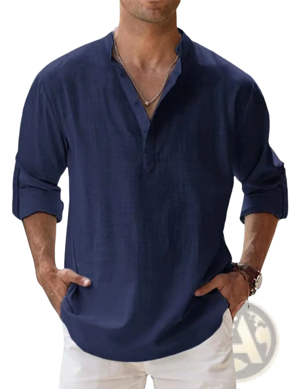 Navy blue linen mens henley shirt with button-down front long sleeves and v-neck collar for casual wear