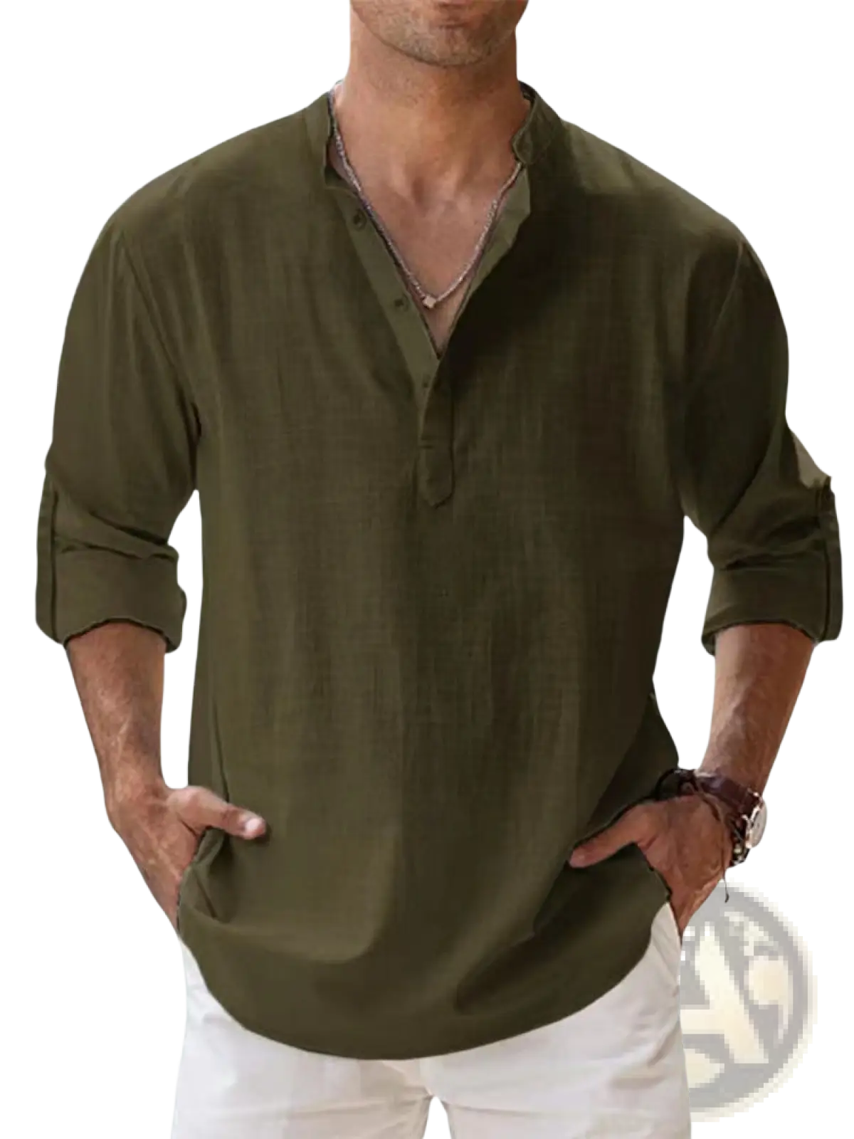 Chemise henley en lin vert olive pour homme, à manches longues, poignets retroussés et patte boutonnée, pour un usage décontracté
