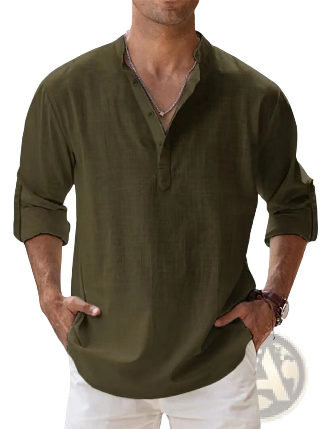Olive green mens linen henley shirt with long sleeves buttoned placket and rolled cuffs for casual wear